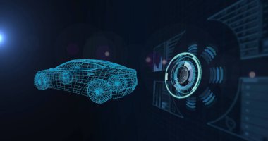 Dürbün taraması ve veri işleme ile 3D araba çizimi. global otomobil endüstrisi, teknoloji, veri işleme ve dijital arayüz kavramı dijital olarak oluşturuldu.