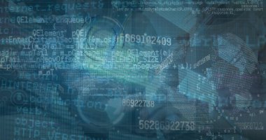 Veri resimleri, dijital ekranlar ve sayılar. Veri işleme, dijital arayüz ve dijital olarak oluşturulmuş küresel ağ konsepti.