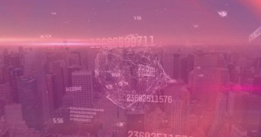 Şehir manzarası üzerinde veri işleme resmi. küresel iş ve dijital arayüz kavramı dijital olarak oluşturulmuş görüntü.
