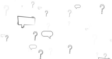 Image of speech bubbles over question marks on white background. Global education and digital interface concept digitally generated image.