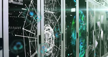 Veri sunucu sistemlerinde birden fazla simge, birbirine bağlı noktalar ve dünya görüntüsü. Dijital bileşik, iletişim, tehlikeli, geri dönüşüm, küreselleşme, veri merkezi, ağ ve teknoloji kavramı.