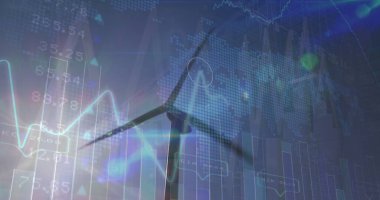 Finansal verilerin görüntüsü ve rüzgar türbinleriyle manzara üzerinde grafikler. Ekoloji, yeşil enerji, eko güç, finans ve ekonomi kavramı dijital olarak oluşturulmuş imaj.