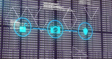 Mor arkaplan üzerindeki simgelerle bağlantı ağının resmi. Küresel veri işleme teknolojisi ve dijital arayüz konsepti dijital olarak oluşturuldu.