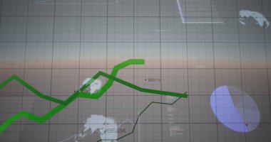 Birden fazla grafik ve veritabanı üzerinde hareket eden yeşil çizgi grafiğinin resmi. Dijital olarak üretilmiş, çoklu pozlama, rapor, küresel iş, bilgi, fütüristik ve teknoloji kavramı.