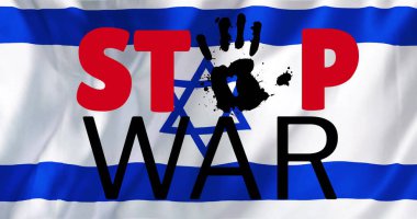 Image of stop war text over flag of israel. Palestine israel conflict, finance, business and global politics concept digitally generated image. clipart