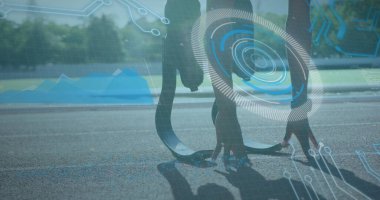 Engelli Afro-Amerikan erkek koşucunun veri işleme görüntüsü. Küresel spor ve dijital arayüz kavramı dijital olarak oluşturulmuş görüntü.