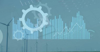 Rüzgar türbinlerinin üzerindeki istatistik ve veri işleme görüntüleri. Küresel iş dünyası dijital arayüz teknolojisi ve dijital olarak oluşturulan ağ konsepti.