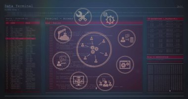 İş iletişimi simgelerini ve karanlık geçmişle ilgili bilgileri dönüştürme arayüzü. iletişim teknolojisi dijital arayüz kavramı, dijital olarak oluşturulmuş görüntü.