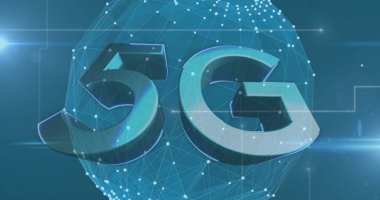 Mavi arkaplandaki ışık izlerine karşı küresel bağlantı ağı üzerinden 5g metin. küresel ağ ve teknoloji kavramı
