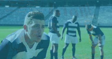 Çeşitli ragbi oyuncularının istatistik ve veri işleme görüntüleri. Küresel spor, veri işleme ve dijital olarak üretilen görüntü rekabet kavramı.