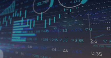 Borsa görüntüsü ve kara fon üzerinde veri işleme. Küresel iş ve dijital arayüz kavramı, dijital olarak oluşturulmuş görüntü.