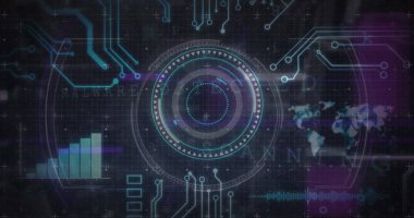 Siyah arkaplanda bilgisayar devre kartından tarama ve veri işleme görüntüsü. Küresel teknoloji, çevrimiçi güvenlik ve dijital arayüz kavramı dijital olarak oluşturulmuş görüntü.