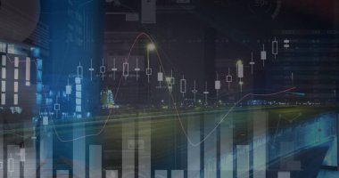 Şehir manzarası üzerinde istatistik ve finansal veri işleme resimleri. global business, finans, data işleme ve dijital arayüz kavramı dijital olarak oluşturuldu.