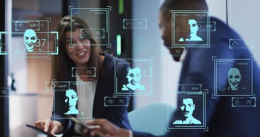 Ofisteki farklı iş adamlarının imajı. Küresel iş ve dijital arayüz kavramı dijital olarak oluşturulmuş görüntü.