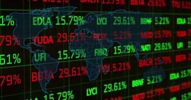 Finansal veri işleme görüntüsü ve kara arkaplan üzerindeki dünya haritası. Küresel finans, iş ve veri işleme kavramı dijital olarak oluşturulmuş görüntü.