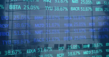 Yoğun ofis üzerinden finansal veri işleme resmi. iş, dijital arayüz ve veri işleme kavramı dijital olarak oluşturulmuş görüntü.