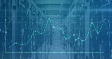 Sunucu odasının üzerinde şekil ve diyagram resmi. Küresel iş ve dijital arayüz kavramı, dijital olarak oluşturulmuş görüntü.