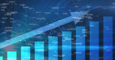 Finansal veri işleme resmi. Mavi ok yukarı bakıyor ve rakamlar değişiyor. küresel finansman ve iş, bağlantılar ve dijital arayüz kavramı dijital olarak oluşturulmuş görüntü.