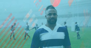 Ragbi oyuncularının istatistikleri. global spor, teknoloji, dijital arayüz ve bağlantılar konsepti dijital olarak oluşturulmuş görüntü.