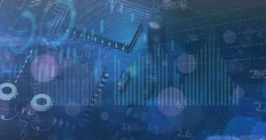 Bilgisayar anakart üzerinde veri işleme grafikleri ve grafikleri. Küresel iletişim, iş, veri ve dijital arayüz kavramı dijital olarak oluşturulmuş görüntü.