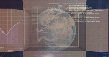 Dünya ve karton kutunun üzerindeki finansal veri işleme resmi. Dijital olarak oluşturulan küresel gönderim ve dağıtım konsepti.