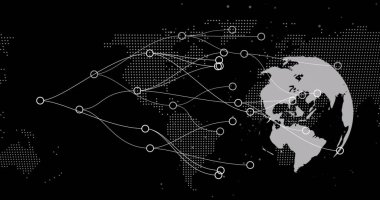 Dönen dünya üzerindeki bağlantılar ağının dijital görüntüsü ve siyah arkaplan üzerindeki dünya haritası. Bilgisayar arayüzü ve iş teknolojisi kavramı