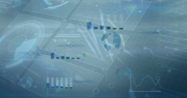 Dijital arayüzdeki finansal verilerle hud işleme görüntüsü. Dijital bileşik, yapay zeka, iletişim, bulut hesaplama, geliştirme, teknoloji, kodlama.