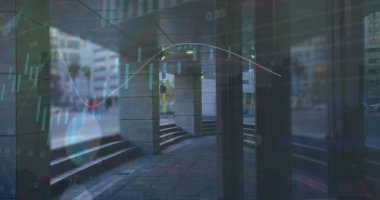 Şehirdeki finansal verilerin ve grafiklerin resmi. Küresel iş, şehir hayatı, finans ve ekonomi kavramı dijital olarak üretilen imaj.