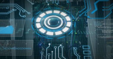 Sunucu odasında veri işleme resmi. Küresel bilim, bağlantılar, veri işleme ve dijital arayüz kavramı dijital olarak oluşturuldu.