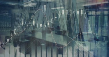 Yoğun şehrin finansal veri işleme görüntüsü. iş, dijital arayüz ve veri işleme kavramı dijital olarak oluşturulmuş görüntü.