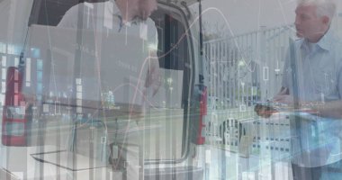 Teslimatçı ve müşteri minibüsünün istatistik ve mali veri işleme görüntüsü. küresel gönderim, dağıtım, iş, veri işleme ve teknoloji konsepti dijital olarak oluşturuldu.