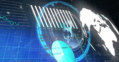 Statistical data processing and pound symbol over a round scanner against blue background. global economy and business technology concept