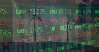 Dünya genelinde dönen yel değirmenlerine karşı istatistiksel ve borsa veri işleme görüntüsü. Küresel ekonomi ve yenilenebilir enerji teknolojisi kavramı 