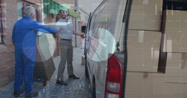 Teslimatçılarla minibüsün istatistik ve mali veri işleme görüntüsü. küresel gönderim, dağıtım, iş, veri işleme ve teknoloji konsepti dijital olarak oluşturuldu.