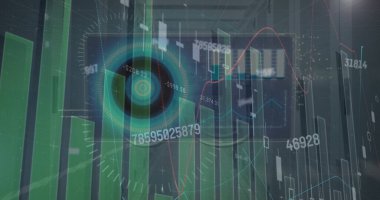 Karanlık arka planda veri işleme resmi. Küresel bağlantılar, veri işleme ve dijital arayüz konsepti dijital olarak oluşturulmuş resim.