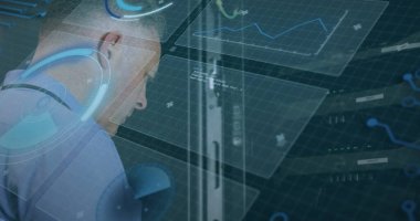 Kafkas erkek sunucu oda çalışanını tarama görüntüsü. Küresel bağlantılar, veri işleme ve dijital arayüz konsepti dijital olarak oluşturulmuş resim.