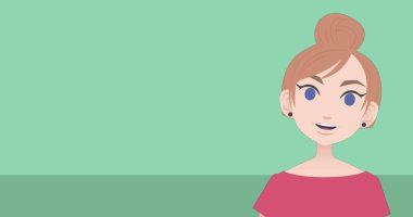 Kafkasyalı bir kadının konuşmasının ve yeşil arka planda fotokopi alanı olan bir ikonu işaret etmesinin görüntüsü. Simgeler ve arkaplan konsepti dijital olarak oluşturuldu.