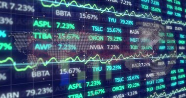 Mavi arkaplanda veri işleme resmi. küresel iş ve dijital arayüz kavramı dijital olarak oluşturulmuş görüntü.