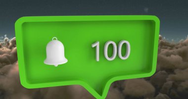 Gökyüzü ve bulutlar üzerinde konuşma baloncuğu üzerinde rakamlar olan bir uyarı simgesi. küresel sosyal medya ve iletişim konsepti dijital olarak oluşturulmuş görüntü.