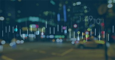 Şehir manzarası üzerinde veri işleme resmi. küresel iş, finans, bağlantılar ve dijital arayüz konsepti dijital olarak oluşturulmuş görüntü.