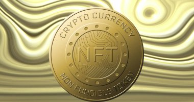 Image of coin with nft text over moving golden background. Abstract background and pattern concept digitally generated image. clipart