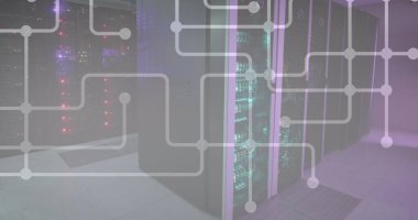 Bilgisayar sunucu odasına bağlı ağ görüntüsü. Küresel ağ ve iş veri depolama teknolojisi kavramı