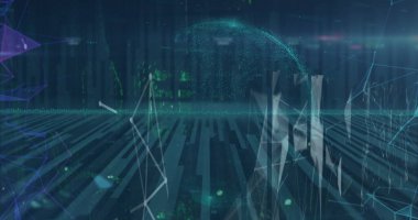 Şekiller, dünya, ışıklar ve bağlantılar. Ağ, bağlantılar, veri işleme ve teknoloji konsepti dijital olarak oluşturulmuş görüntü.