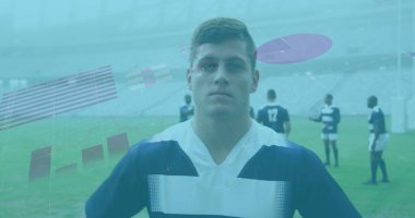 Ragbi oyuncularının istatistikleri. global spor, teknoloji, dijital arayüz ve bağlantılar konsepti dijital olarak oluşturulmuş görüntü.