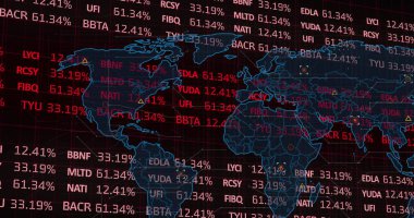 Image of financial data processing and statistics over world map on black background. Global finance, business and data processing concept digitally generated image.