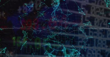 Borsa veri işleme ağı üzerinden kara arka plana karşı bağlantılar. Küresel ekonomi ve küresel ağ teknolojisi kavramı