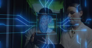 Kafkas iş kadınları ve sunucular üzerinde biyometrik beyin ve veri işleme görüntüsü. Küresel hesaplama ve veri işleme kavramı dijital olarak oluşturulmuş resim.