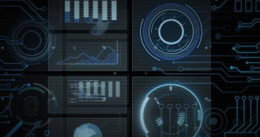 Siyah arkaplanda tarama yapan veri işleme resmi. Küresel teknoloji, bilgisayar ve dijital arayüz kavramı dijital olarak oluşturulmuş görüntü.