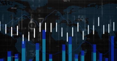 Siyah arka planda dünya haritasında finansal veri işleme resmi. küresel finans, iş ve dijital arayüz kavramı dijital olarak oluşturulmuş görüntü.