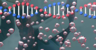 DNA iplikçiklerinin üzerinde yüzen covid hücrelerin görüntüsü. Küresel covid salgın hastalığı ilacı ve dijital olarak üretilen sağlık konsepti.